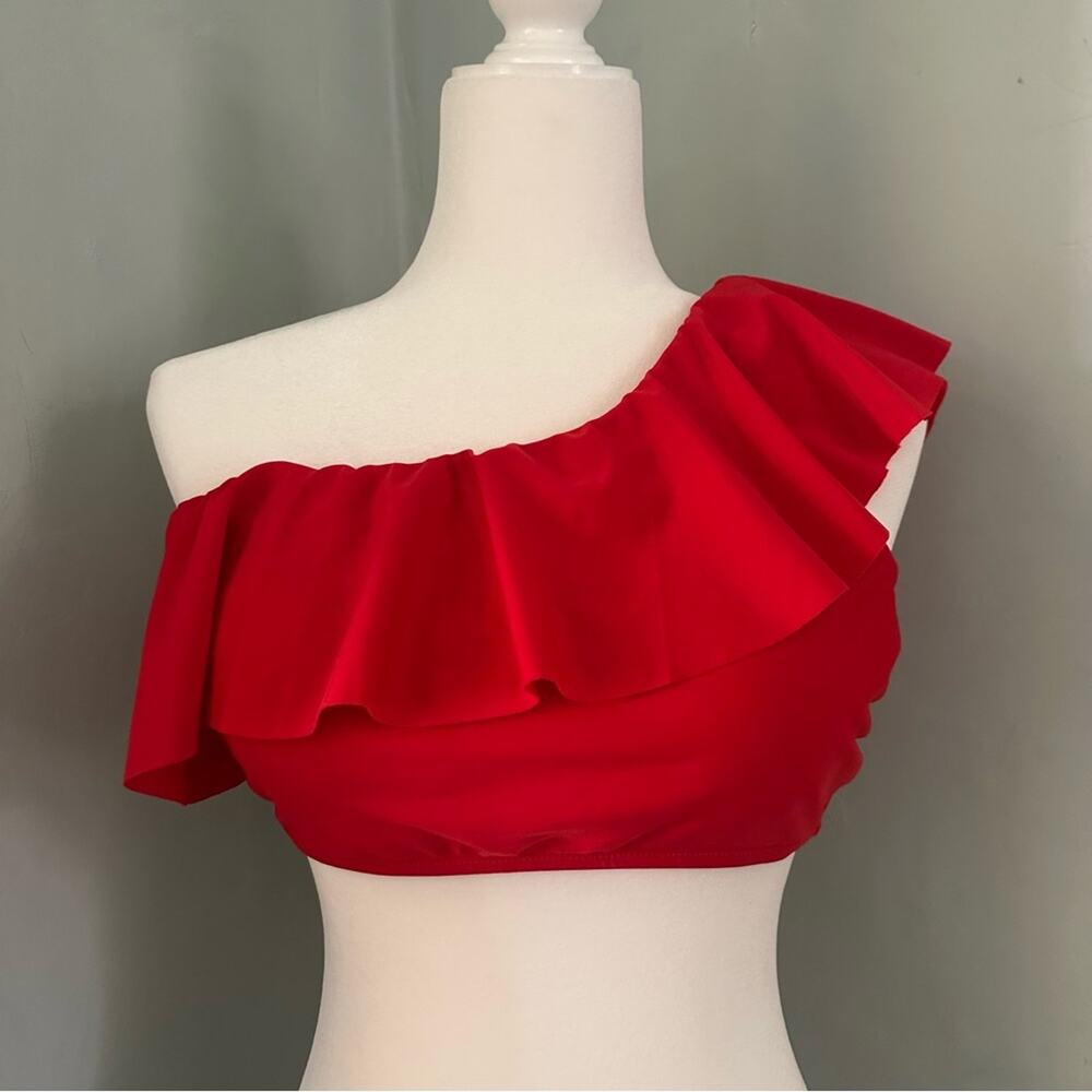 Kona Sol Red Bikini Top, One-Shoulder, Ruffle, Stretch, XL (16)